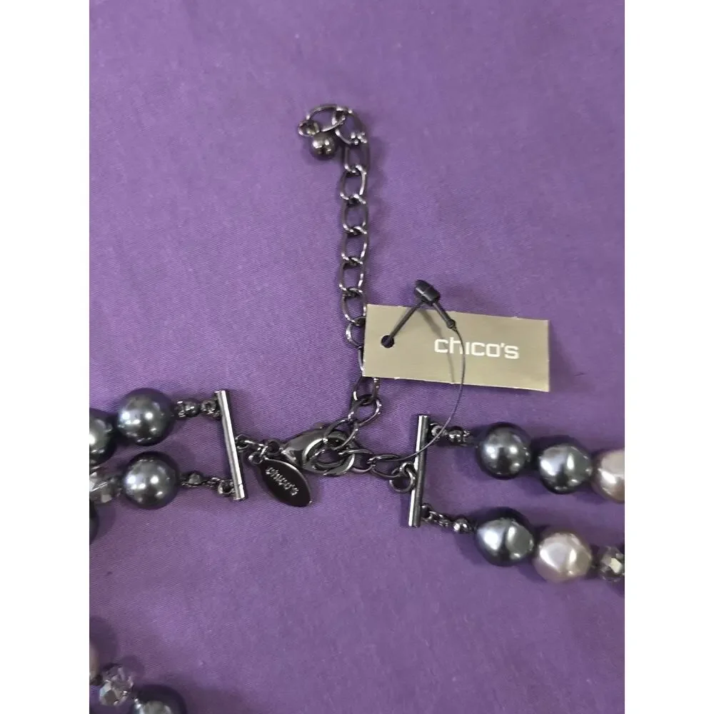 Chico's Signed Necklace Long 2 Layer Beaded Charcoal Silver Gunmetal Statement